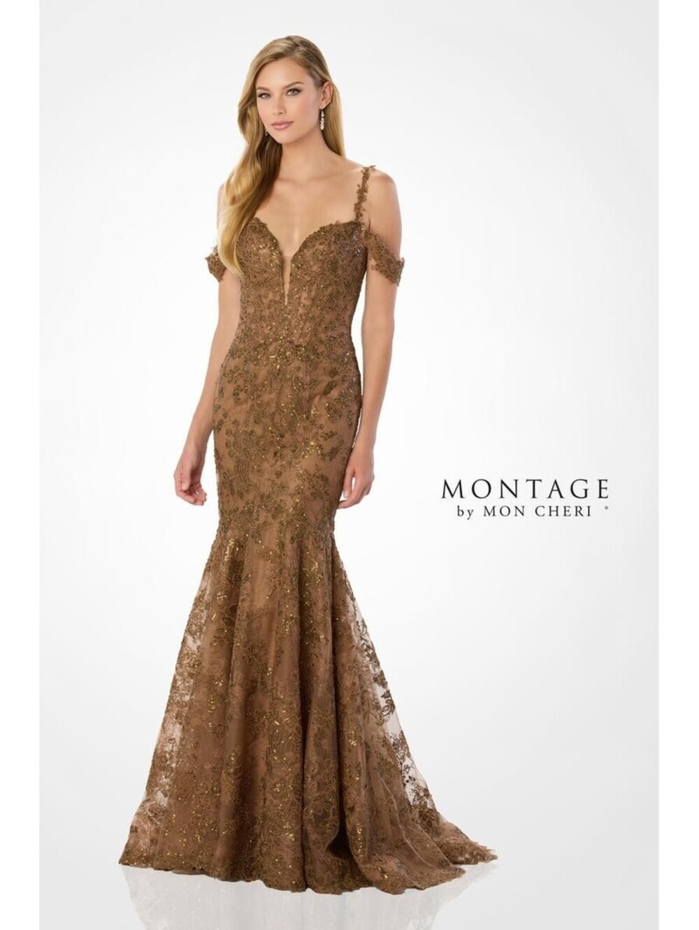 Montage Mon Cheri Gown Sz 6 Cinnamon Brown Gold Lace Beaded Mermaid Evening $990